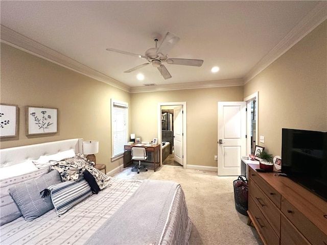 carpeted bedroom featuring ceiling fan and ornamental molding