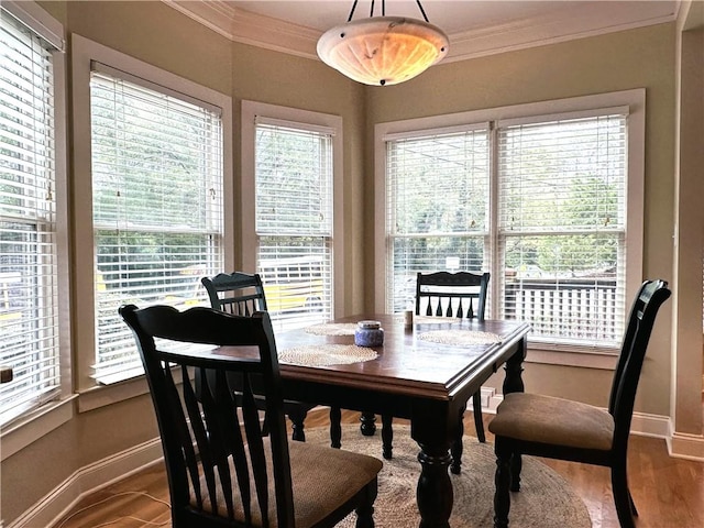 dining room featuring wood-type flooring, a wealth of natural light, and crown molding