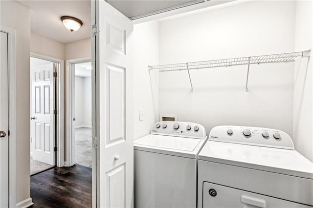 1049 Prestwyck Ct, Alpharetta, GA 30004 - laundry room with washing machine and clothes dryer and dark wood-style flooring