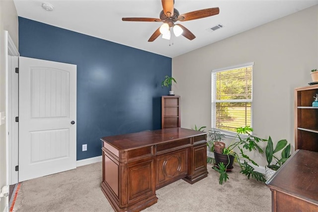 417 Beamer Rd SW, Calhoun, GA 30701 - home office with light carpet, a ceiling fan, and baseboards