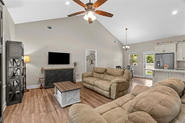 417 Beamer Rd SW, Calhoun, GA 30701 - living area featuring high vaulted ceiling, baseboards, a chandelier, a ceiling fan, and recessed lighting