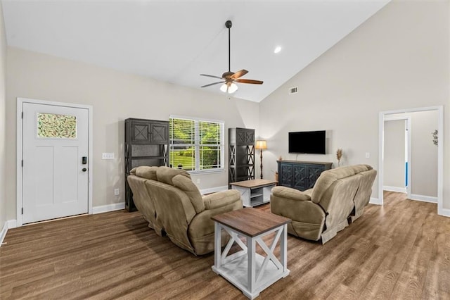 417 Beamer Rd SW, Calhoun, GA 30701 - living area featuring a ceiling fan, wood finished floors, baseboards, high vaulted ceiling, and recessed lighting