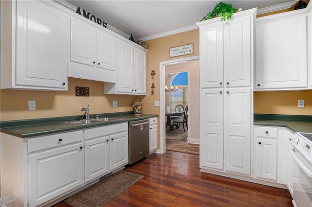 kitchen featuring dishwasher, dark countertops, ornamental molding, and a sink