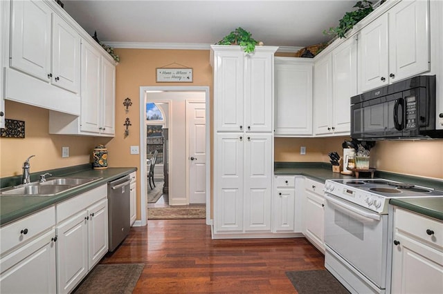 kitchen featuring crown molding, black microwave, white range with electric cooktop, stainless steel dishwasher, and a sink