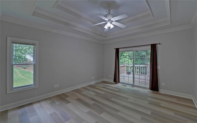 2121 Brittany Ct, Gainesville, GA 30506 - empty room with a tray ceiling, healthy amount of natural light, light wood finished floors, a ceiling fan, and ornamental molding