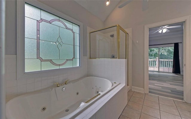 2121 Brittany Ct, Gainesville, GA 30506 - full bathroom featuring a shower stall, a ceiling fan, a jetted tub, lofted ceiling, and tile patterned floors