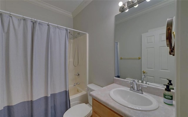 2121 Brittany Ct, Gainesville, GA 30506 - full bathroom featuring crown molding, vanity, toilet, and shower / tub combo with curtain