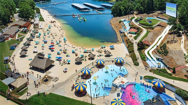 bird's eye view with a water view