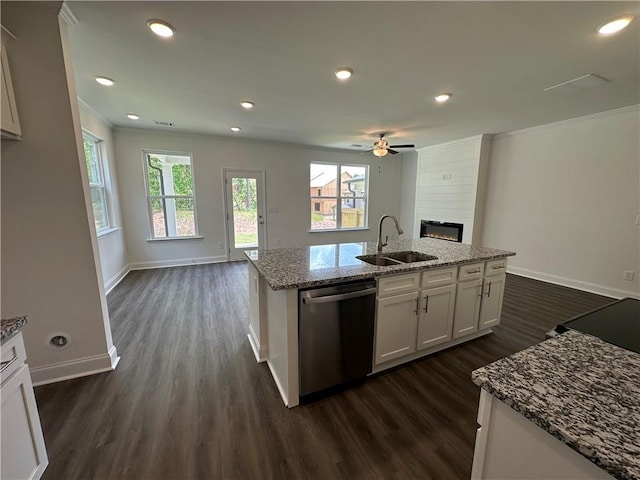 kitchen featuring a sink, a fireplace, open floor plan, stainless steel dishwasher, and dark wood-style floors