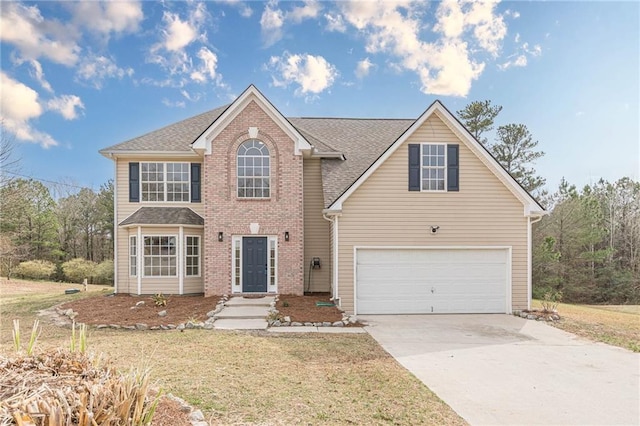 view of front of property featuring brick siding, a shingled roof, a garage, driveway, and a front lawn