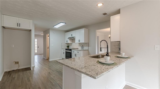 kitchen with light stone counters, a peninsula, range with electric stovetop, a sink, and white cabinetry