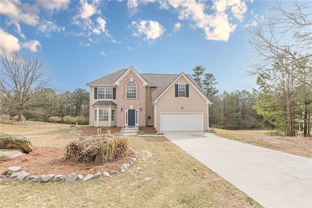 traditional home featuring driveway, brick siding, and a front yard