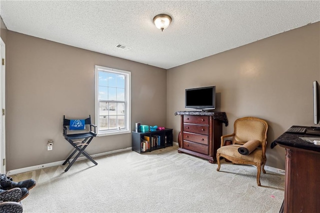 interior space with light colored carpet and a textured ceiling