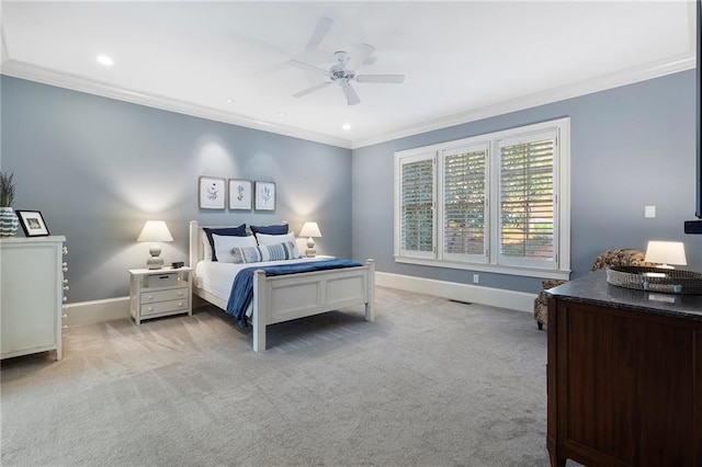 bedroom with crown molding, ceiling fan, baseboards, light carpet, and recessed lighting