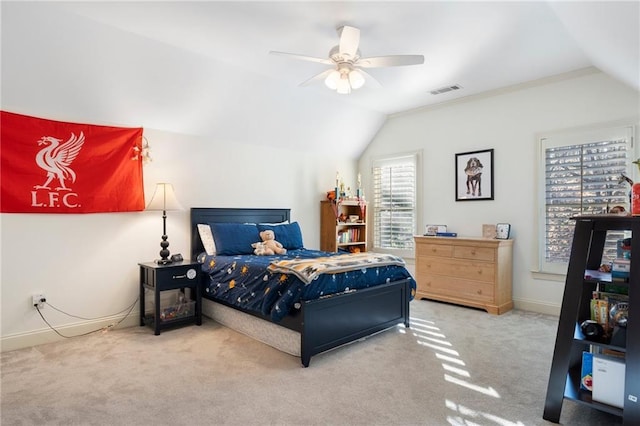 bedroom featuring vaulted ceiling, carpet, visible vents, and baseboards