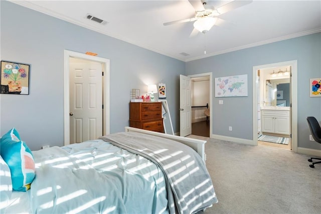 bedroom featuring visible vents, baseboards, ornamental molding, and carpet flooring