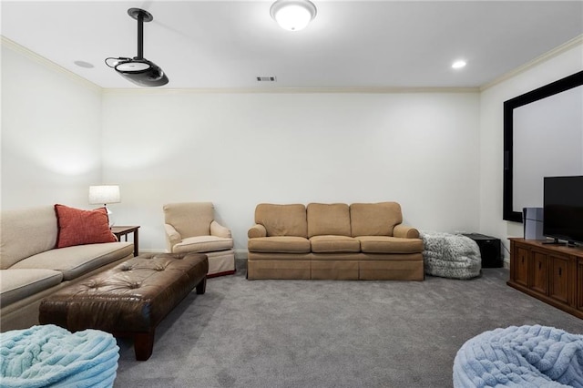 carpeted living area featuring visible vents and crown molding