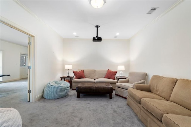 living room with visible vents, recessed lighting, crown molding, baseboards, and light colored carpet