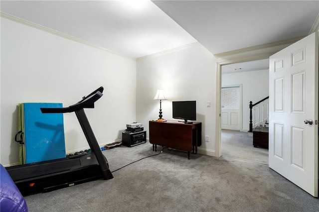 exercise area with baseboards, ornamental molding, and carpet flooring