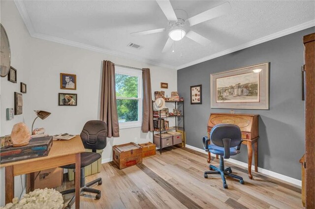 office area with ceiling fan, light hardwood / wood-style floors, and crown molding