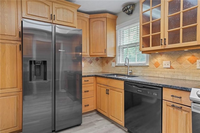 kitchen with stainless steel refrigerator with ice dispenser, dishwasher, light hardwood / wood-style floors, decorative backsplash, and sink