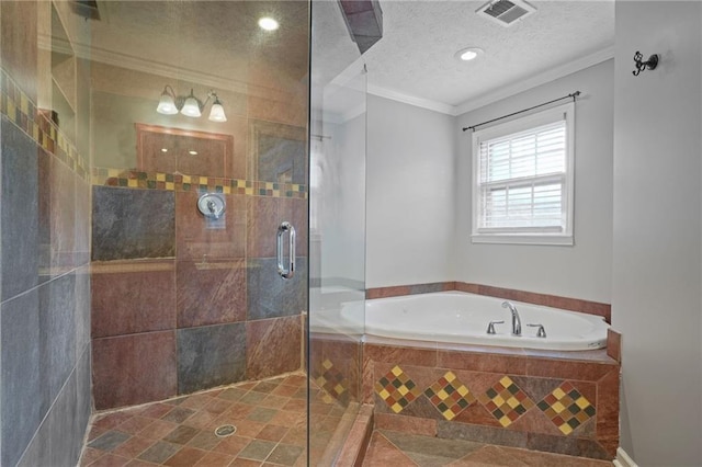 bathroom featuring shower with separate bathtub, crown molding, a textured ceiling, and tile patterned flooring