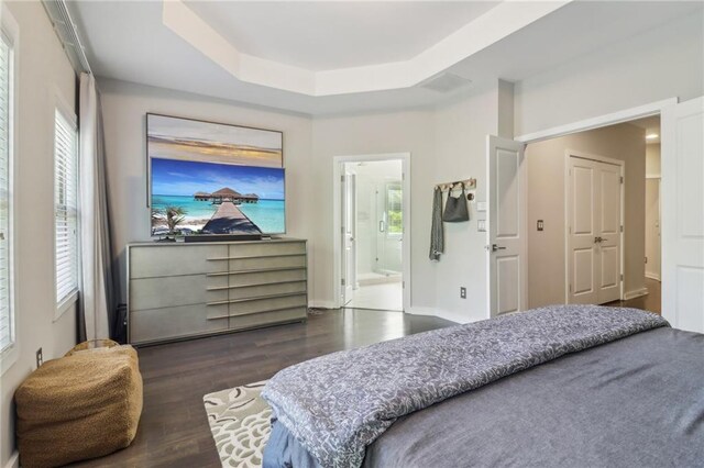 823 Canterbury Overlook, Atlanta, GA 30324 - bedroom featuring dark wood-style flooring, a tray ceiling, multiple windows, and ensuite bath