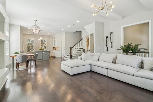 823 Canterbury Overlook, Atlanta, GA 30324 - living room with dark wood-type flooring, recessed lighting, a notable chandelier, and stairs