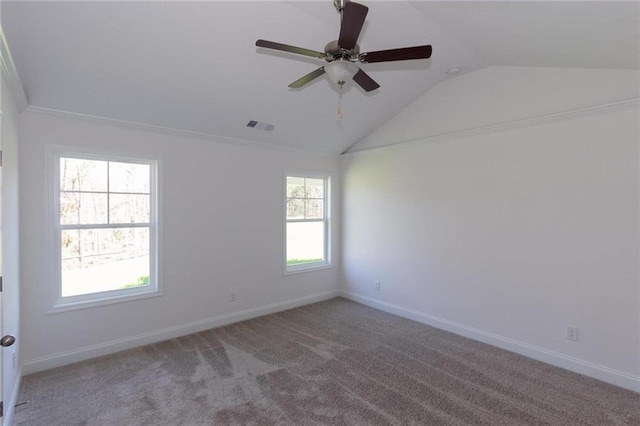 carpeted empty room with ceiling fan, lofted ceiling, and plenty of natural light