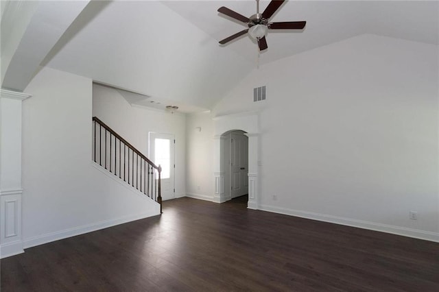 unfurnished living room featuring dark wood-type flooring, high vaulted ceiling, and ceiling fan