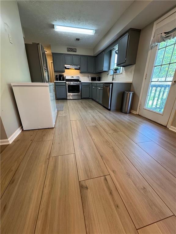 190 Grayland Creek Dr, Lawrenceville, GA 30046 - kitchen with appliances with stainless steel finishes, under cabinet range hood, gray cabinets, light countertops, and light wood-style flooring