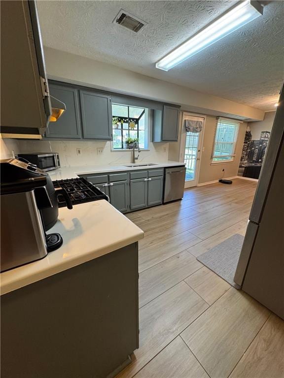 190 Grayland Creek Dr, Lawrenceville, GA 30046 - kitchen with appliances with stainless steel finishes, a sink, a textured ceiling, light countertops, and light wood-type flooring