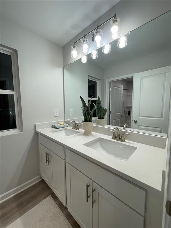 full bathroom featuring double vanity, wood finished floors, a sink, and baseboards