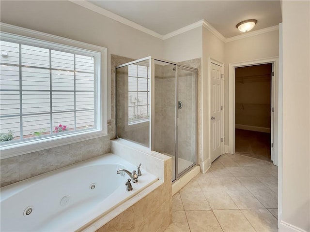 6405 Beaver Creek Trl, Atlanta, GA 30349 - bathroom featuring ornamental molding, a whirlpool tub, a stall shower, and a wealth of natural light