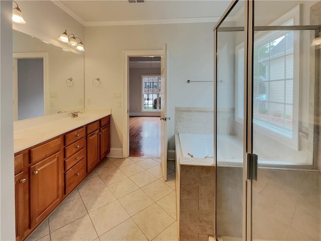 6405 Beaver Creek Trl, Atlanta, GA 30349 - bathroom with a sink, double vanity, tile patterned floors, a shower stall, and ornamental molding