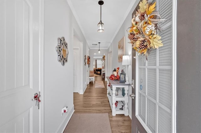 corridor featuring dark hardwood / wood-style flooring and crown molding