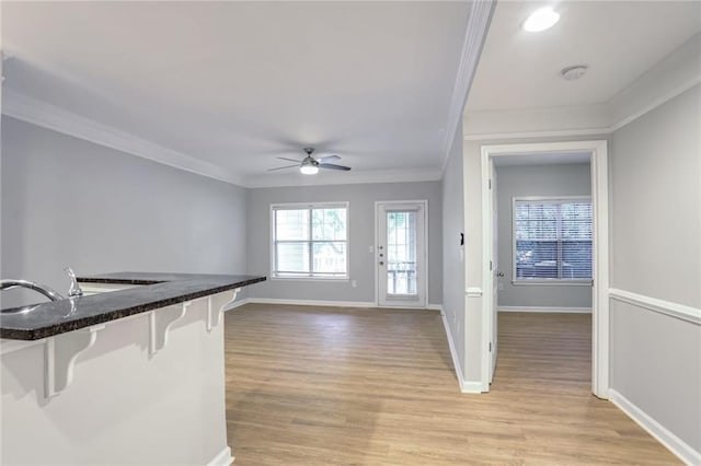 interior space featuring a kitchen bar, light hardwood / wood-style flooring, ceiling fan, and ornamental molding