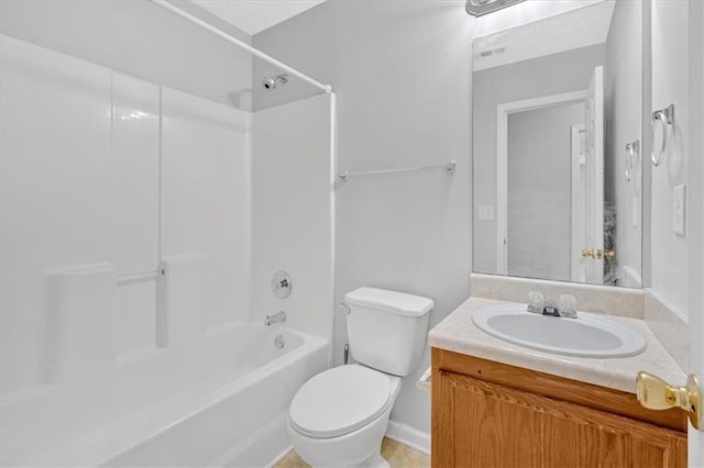 full bathroom featuring toilet, bathtub / shower combination, visible vents, and vanity