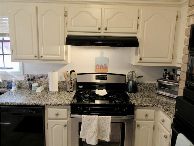 kitchen with black dishwasher, stainless steel range with gas cooktop, white cabinets, and under cabinet range hood