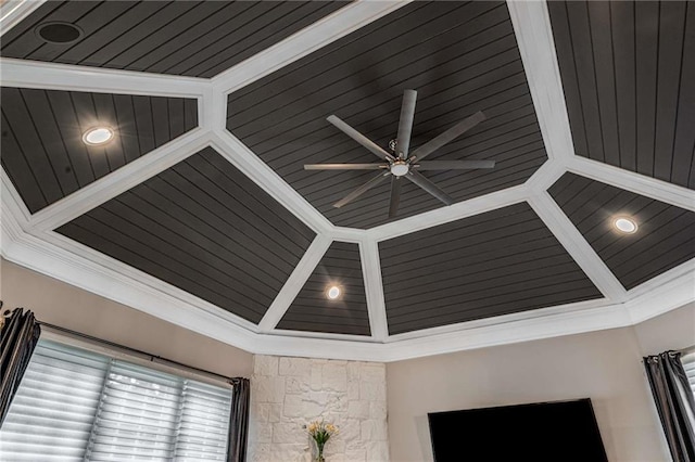 details with stone siding and a ceiling fan