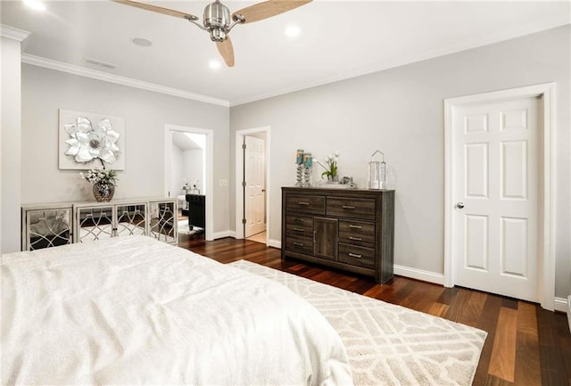 bedroom featuring ornamental molding, recessed lighting, dark wood finished floors, and baseboards