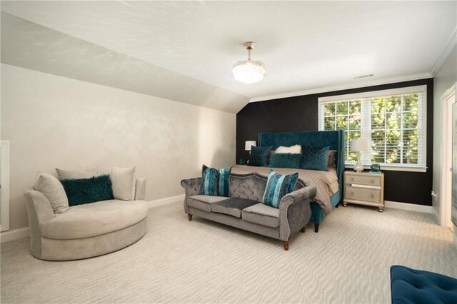 bedroom with carpet flooring and crown molding