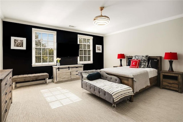 bedroom with light carpet, visible vents, and ornamental molding