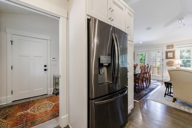 kitchen featuring white cabinetry, french doors, dark wood-type flooring, and fridge with ice dispenser