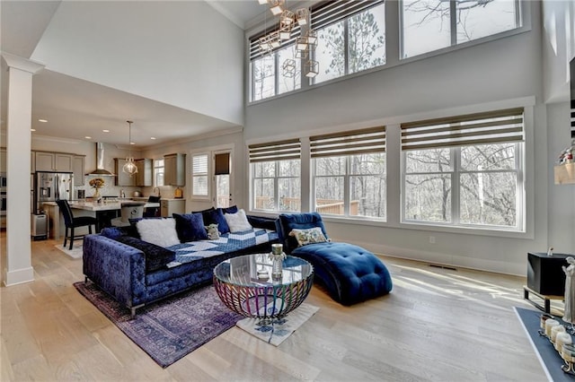 living room with ornamental molding, light hardwood / wood-style flooring, and decorative columns