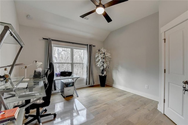 office space featuring lofted ceiling, ceiling fan, and light hardwood / wood-style flooring