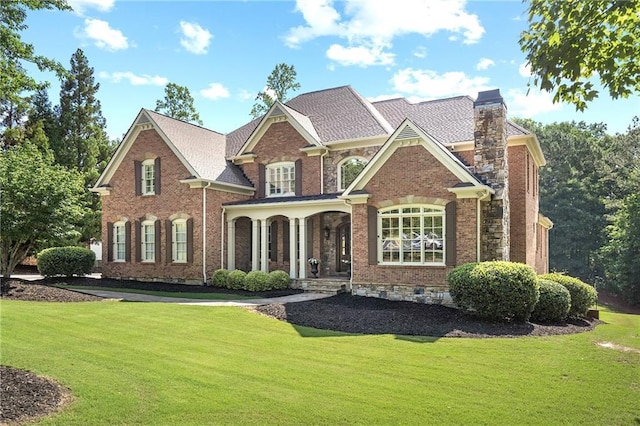 13037 Overlook Pass, Roswell, GA 30075 - view of front facade with a front lawn, a chimney, covered porch, and brick siding