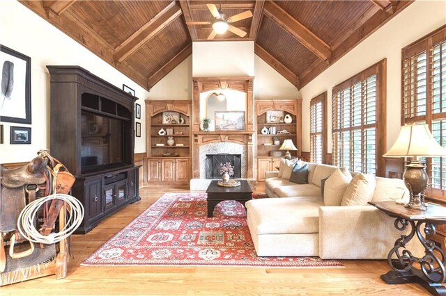 13037 Overlook Pass, Roswell, GA 30075 - living room featuring a wood ceiling with exposed beams, ceiling fan, wood finished floors, high vaulted ceiling, and a high end fireplace