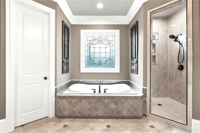 13037 Overlook Pass, Roswell, GA 30075 - full bathroom with a bath, a shower stall, ornamental molding, and tile patterned floors