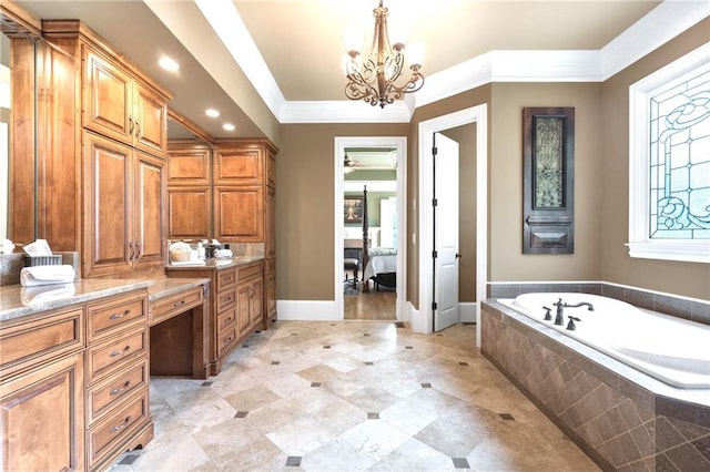 13037 Overlook Pass, Roswell, GA 30075 - ensuite bathroom featuring a bath, vanity, a chandelier, recessed lighting, and crown molding